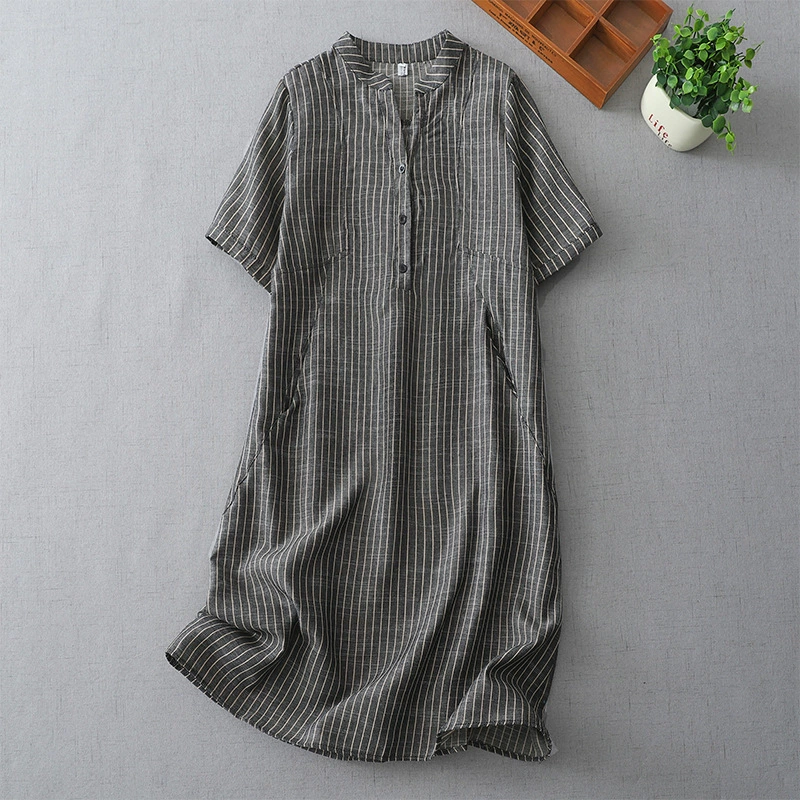 2025夏季新款条纹短袖连衣裙中长款遮肉显瘦V领棉麻衬衫裙 女