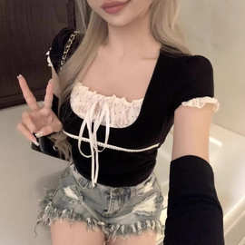 新款辣妹欧美乡村古着感假两件蕾丝拼接T恤百搭收腰显瘦短袖上衣