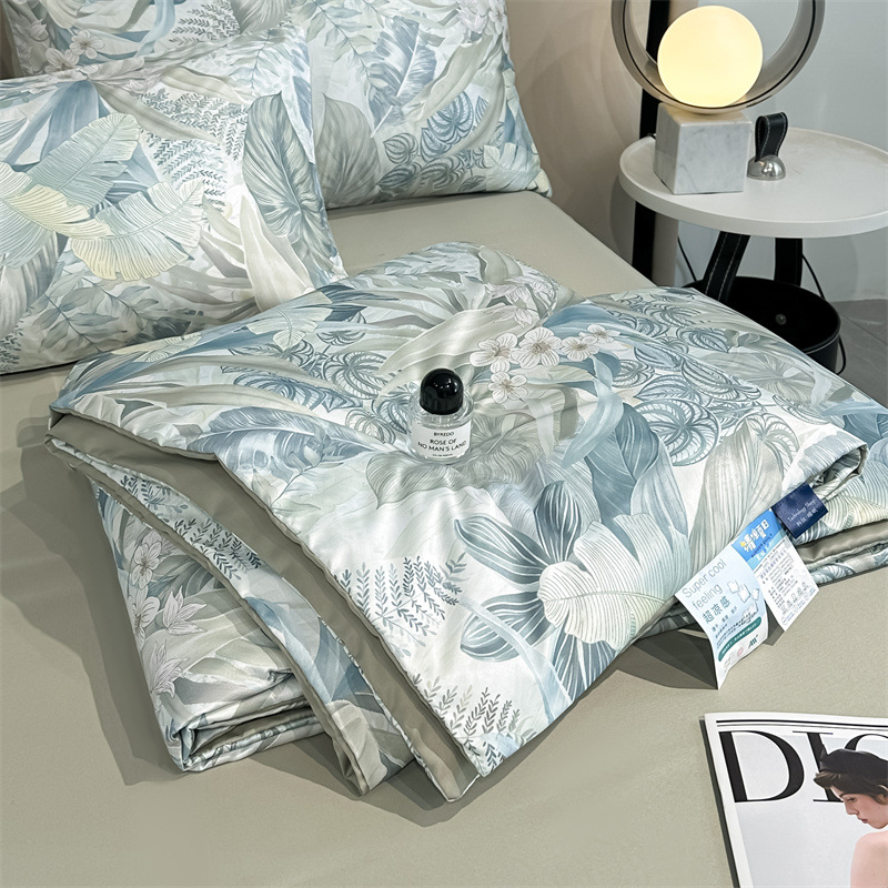 Edredón de verano de seda de hielo lavado con impresión digital, sensación fresca de verano, edredón fresco de verano simple y doble, edredón de aire acondicionado de cuatro piezas