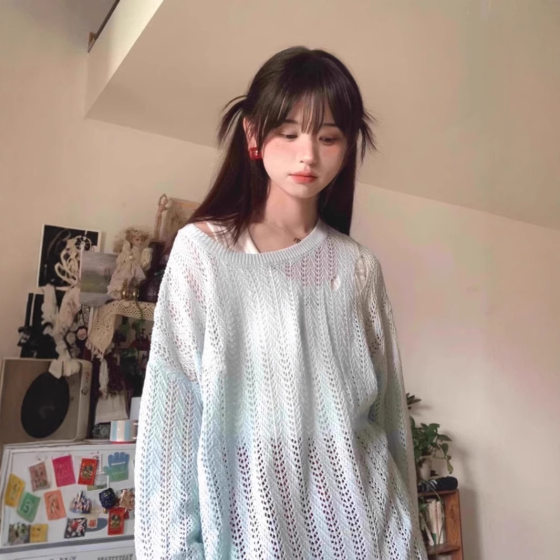 Lazy Style Design Sense Hollow-out Knitwear Women's Spring and Summer Loose High-end Sense Sun-protection Shirt Sling Overshirt Top