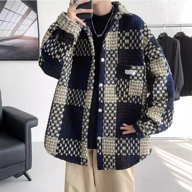 New Trendy Brand Small Fragrant Jacket Men's Plaid Jacket Autum High-End Top Loose Work Jacket Trendy New Trendy Brand Small Fragrant Jacket Men's Plaid Jacket Autum High-End Top Loose Work Jacket Trendy