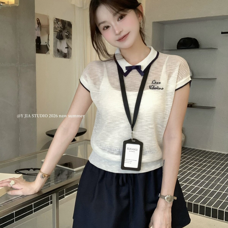 Bbt Sweety College Style Bow-Knot Knitted Short-Sleeved T-Shirt for Women in Summer Slimming Design Short Top