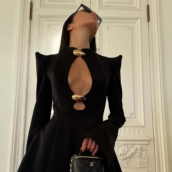2026 European and American Style Cross-Border Autumn and Winter Women's New Fashion Solid Color Stand Collar Long Sleeve Sexy Hollow-Out Dress