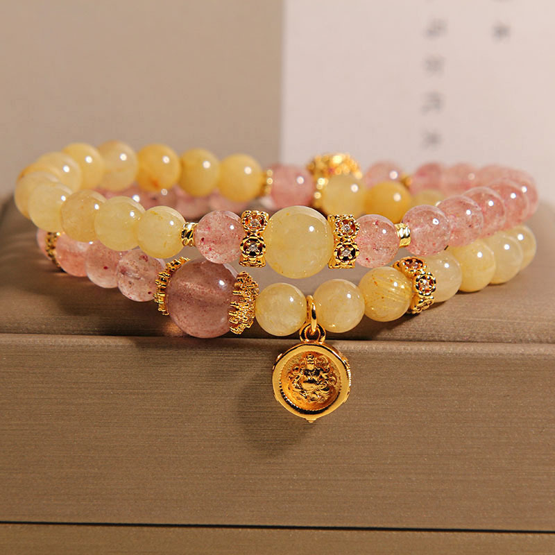 Pulsera de doble círculo de cristal de torre amarilla natural Pulsera de pulsera de transferencia de suerte de cristal de fresa de nicho de lujo ligero para mujer