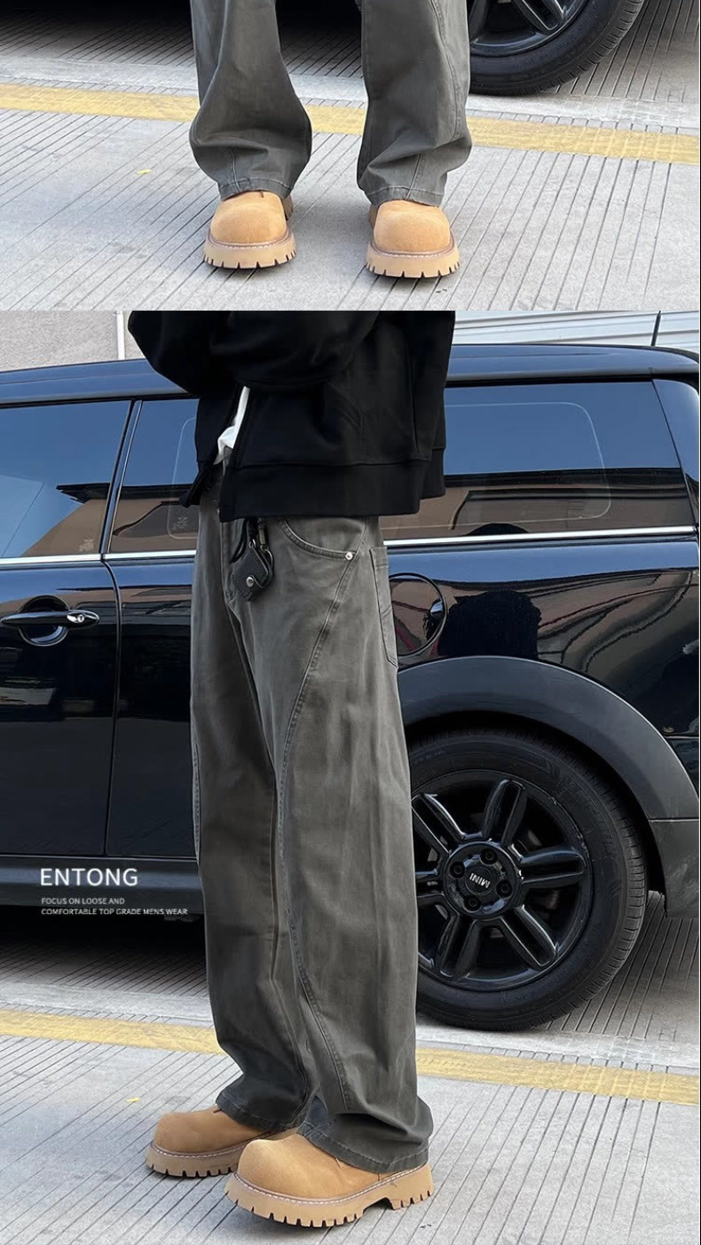 Men's Trendy High Street Distressed Patchwork Cargo Pants American Street Style Loose Straight Leg Casual Trousers_mkmklike.com