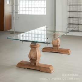 美式会议桌法式复古餐桌设计师实木北欧侘寂风创意中古风玻璃餐桌