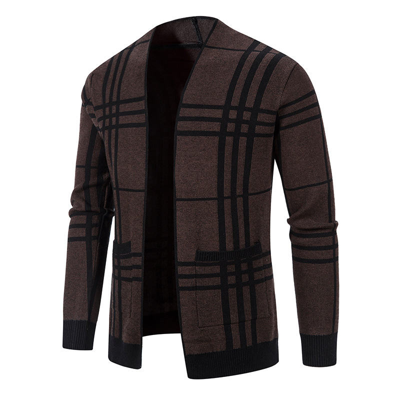 Men's youth plaid jacquard sweater jacket knitted cardigan men's_voghion.com