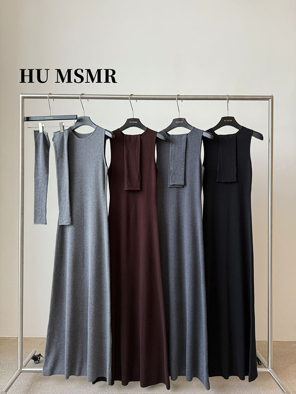 HUMSMR爆款极简风修身长款无袖针织连衣裙（配袖套）GM032|undefined