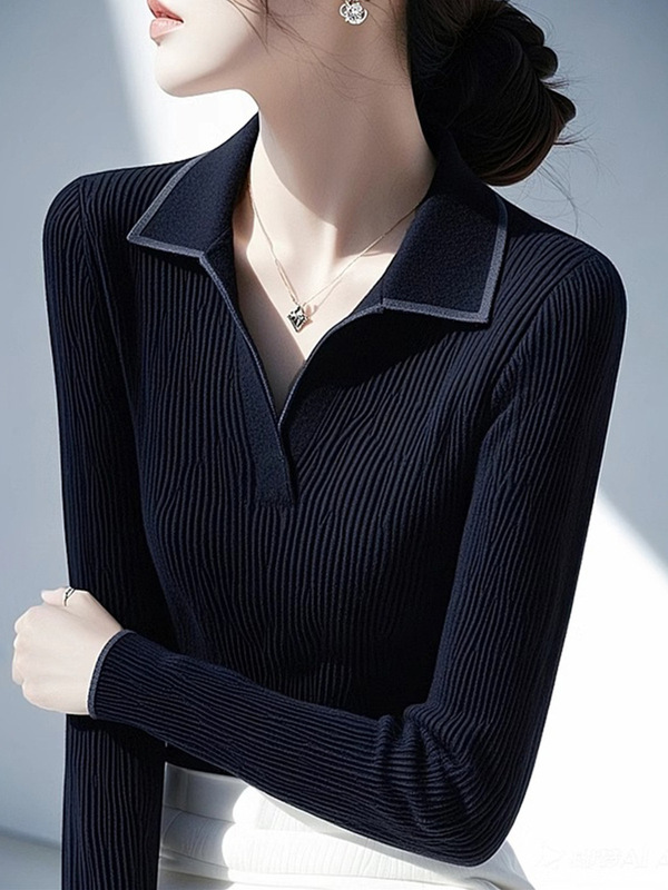 黑色polo领修身打底针织衫毛衣女2025早秋季新款法式轻奢高级上衣|undefined