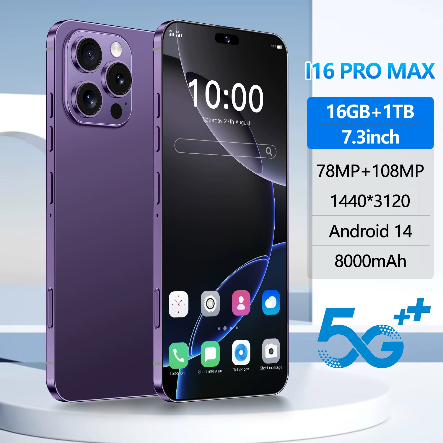 Большой мобильный телефон, Intel Core i16, 16 Pro Max, 3" экран, 4G, поддержка всех сетевых стандартов связи, широкий экран, официальная флагманская модель