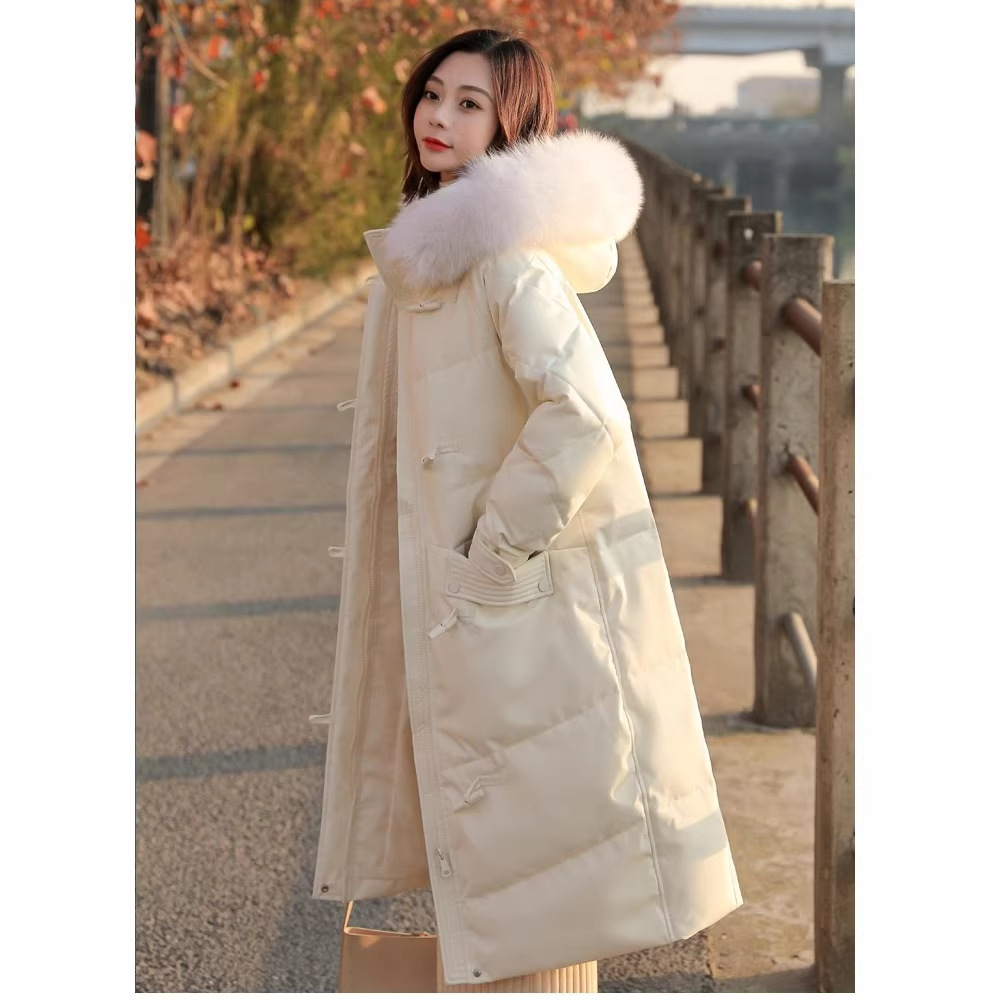 2025 Straight White Duck down Horn Button Korean Style down Jacket Women's Mid-Length Large Fur Collar Thickeneded Winter Fashion Jacket
