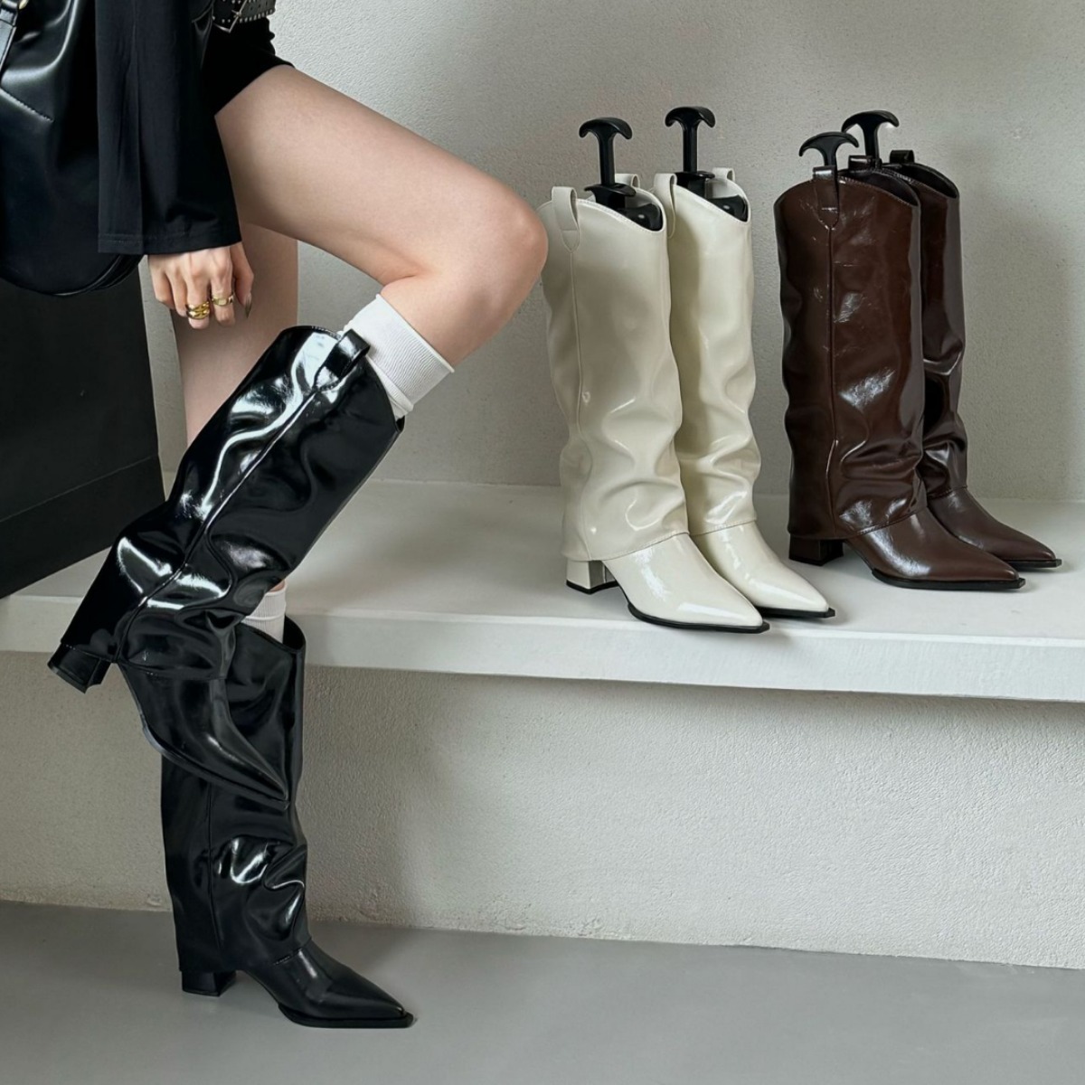 2025 가을 겨울 신상 천연 가죽 롱부츠, 두꺼운 굽의 스택부츠, V자형 웨스턴 부츠, 여성용 레트로 스타일, 부드러운 밑창