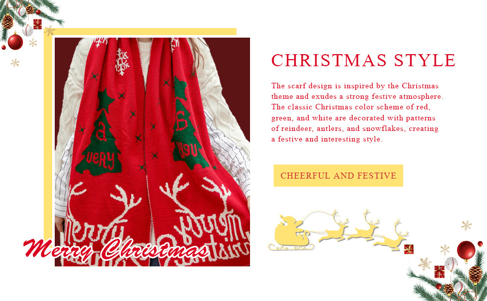 Sciarpa di lana calda lavorata a maglia con renne autunnali e invernali, scialle, sciarpa rossa per Capodanno._voghion.com