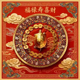 红底国风灵龟招财圆形壁画 长寿纳祥艺术装饰画 书房玄关布置文创