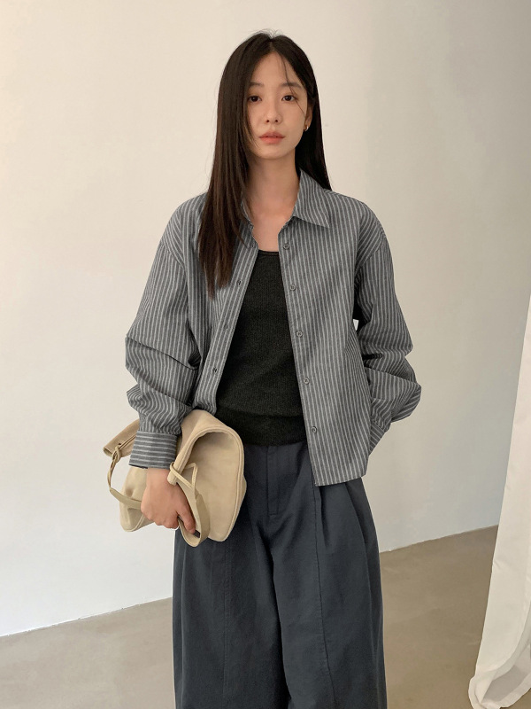 TG 通勤竖条纹百搭翻领衬衣女2025秋季新款宽松长袖系扣开衫25691|undefined
