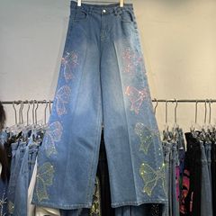 小众设计感欧式牛仔裤女时尚复古潮流高腰蝴蝶烫钻宽松阔腿裤