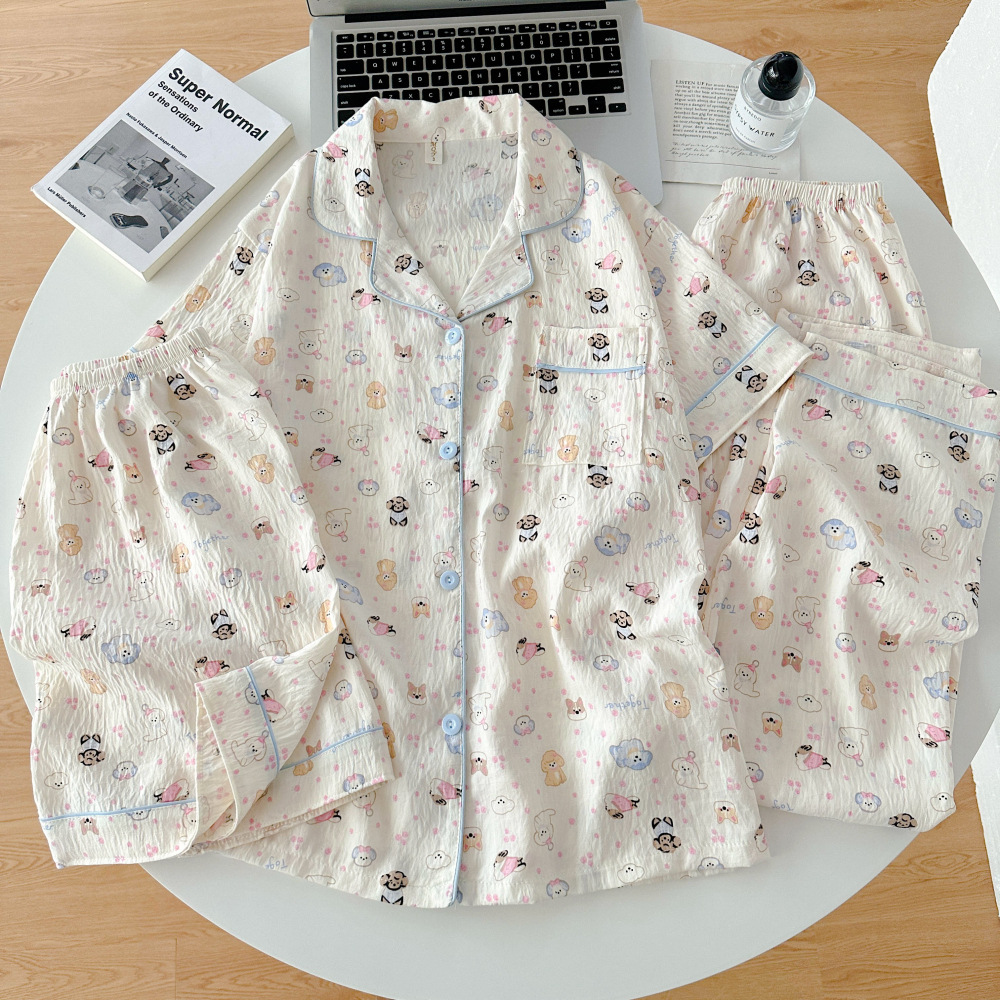 Al por mayor transfronterizo de tres piezas nubes algodón pijama cardigán con solapa mangas cortas pantalones cortos de dibujos animados a cuadros ropa para el hogar