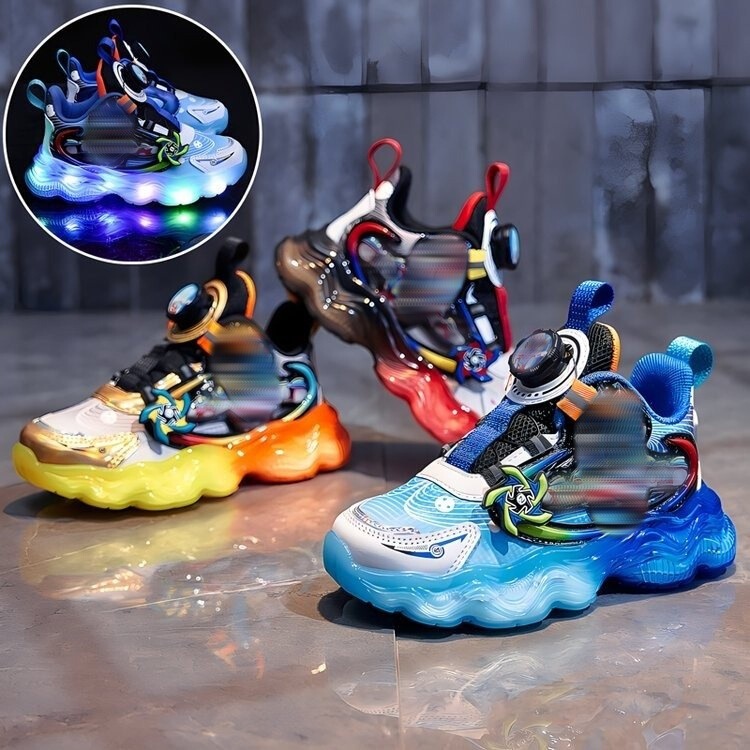 Cartoon Leather 2025 New Model Boys' Spring and Autumn Light-Up Rotating Button Sneakers, Luminous Non-Slip Running Shoes
