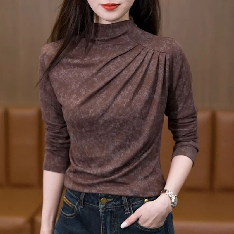 Tie-Dye Printed Half Turtleneck Double-Sided Velvet Warm T-Shirt Bottoming Shirt for Women in Autumn and Winter Slimming Look Large Size Top