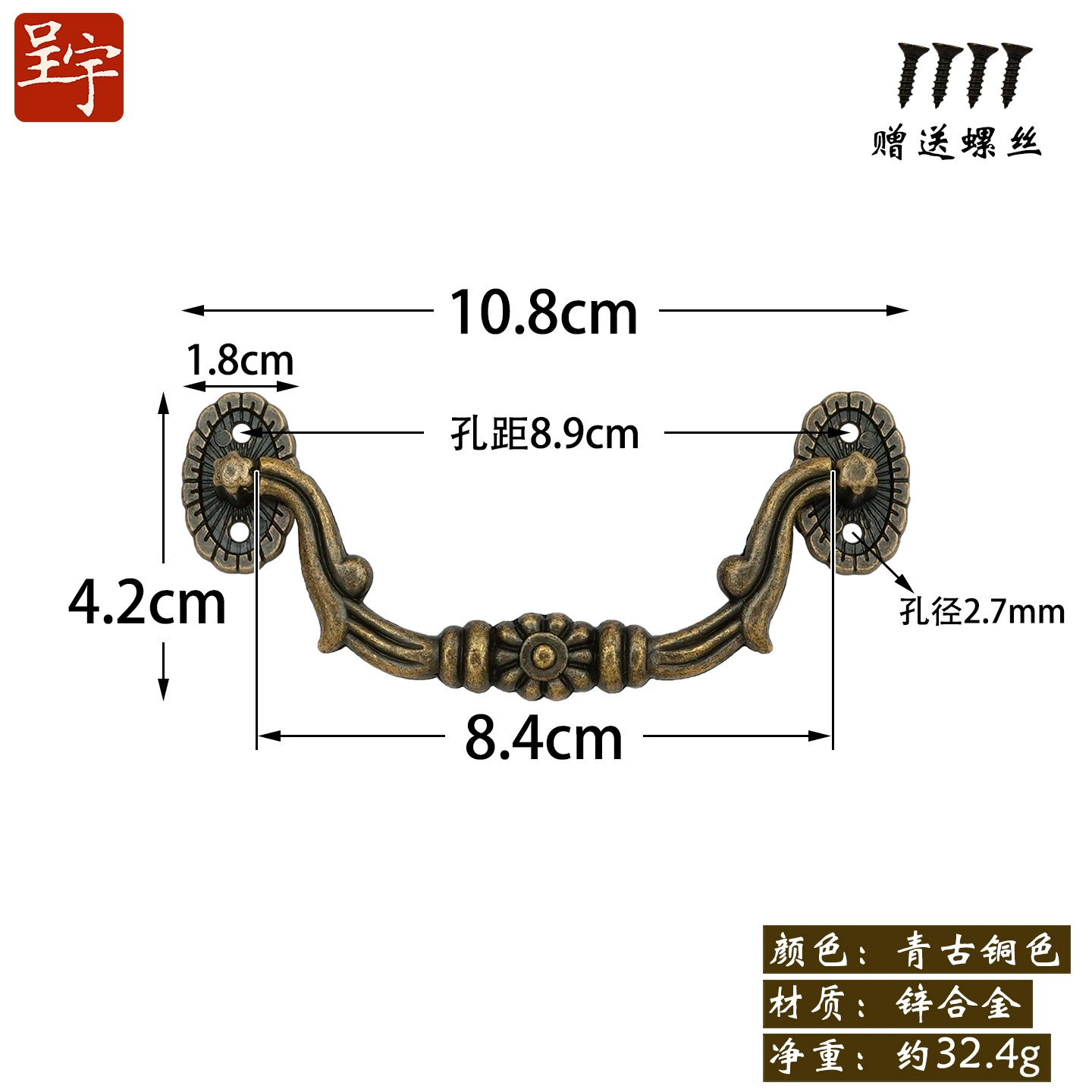 Antique‑style metal drawer handle, decorative bronze/golden finishes, multiple motifs