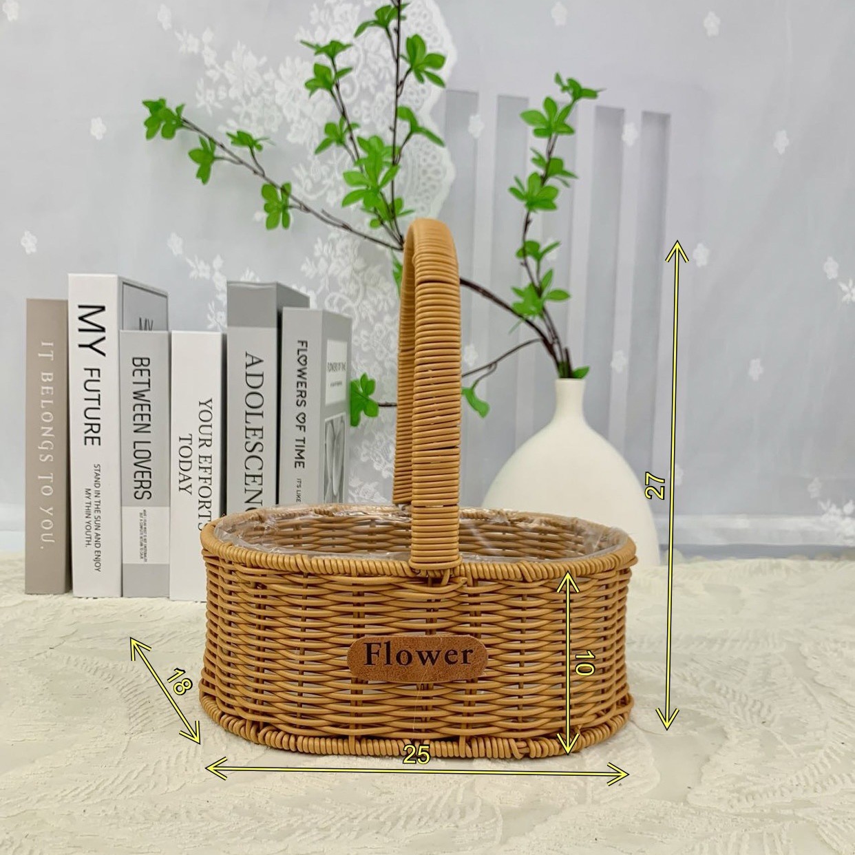 Arreglos florales portátiles de imitación de ratán, cestas de flores tejidas a mano, adornos de sala de estar, cestas de jardín, regalos a mano, cestas de flores