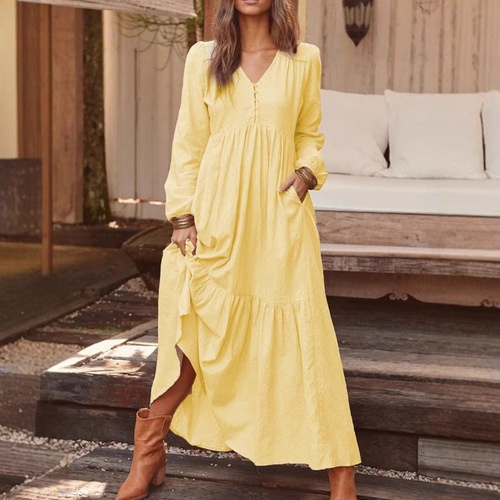  Autumn/Winter European and American Foreign Women's Button Cotton Linen Retro Casual Long-Sleeve Dress with Full Skirt in Multiple Colors