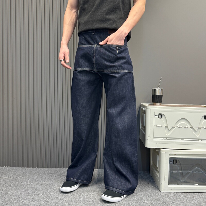 American-Style Original Niche Pocket Raw Denim Straight-Leg Flared Indigo Jeans Vintage Wide-Leg Loose Dark Blue Pants