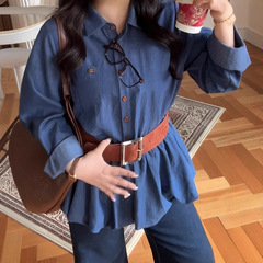 大码女装减龄花苞仿牛仔衬衫长袖上衣2025秋季新款胖mm巨显瘦小衫