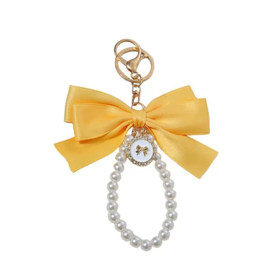 Брелок keychain с жемчужным подвесом и бантом из ленты, петля из бусин, 12×9 см