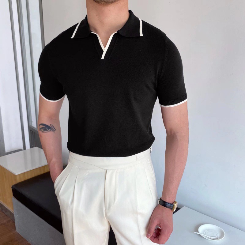 Lässiges Herren-Poloshirt in Slim Fit mit Farbblock-Design im italienischen Strickstil, kurze Ärmel, atmungsaktives Sommer-T-Shirt aus Eisseide_voghion.com