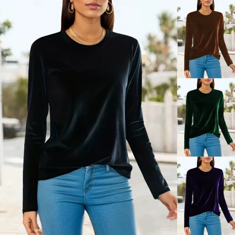 Трансграничная Европейская и американская Золотая Бархатная нижняя рубашка Женская 2023 осенне-зимняя Осенняя футболка больших размеров с длинным рукавом свободное теплое пальто партии