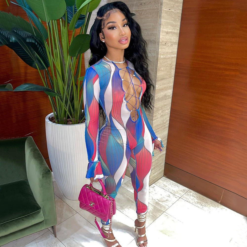 Autumn Sexy Mesh See through Tied Long Sleeves Jumpsuit