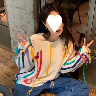 American Style Trendy Brand Tassel Striped Design Niche Crewneck Sweater Women's Autumn and Winter Thickened Loose Outer Wear Knitted