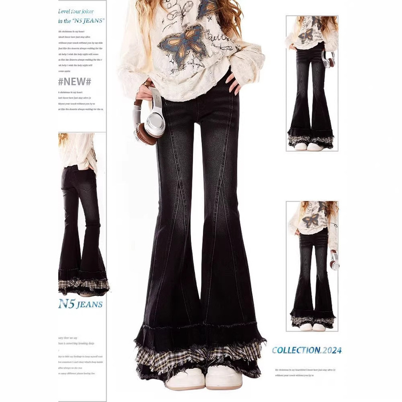 Trendy Plaid Low-Waist Flared Jeans for Women, Black High-Waisted Slim-Fit Bell-Bottom Pants Trendy Plaid Low-Waist Flared Jeans for Women, Black High-Waisted Slim-Fit Bell-Bottom Pants