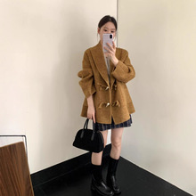 韩系休闲百搭翻领毛呢外套2025秋冬新款双面手缝羊绒牛角扣大衣女