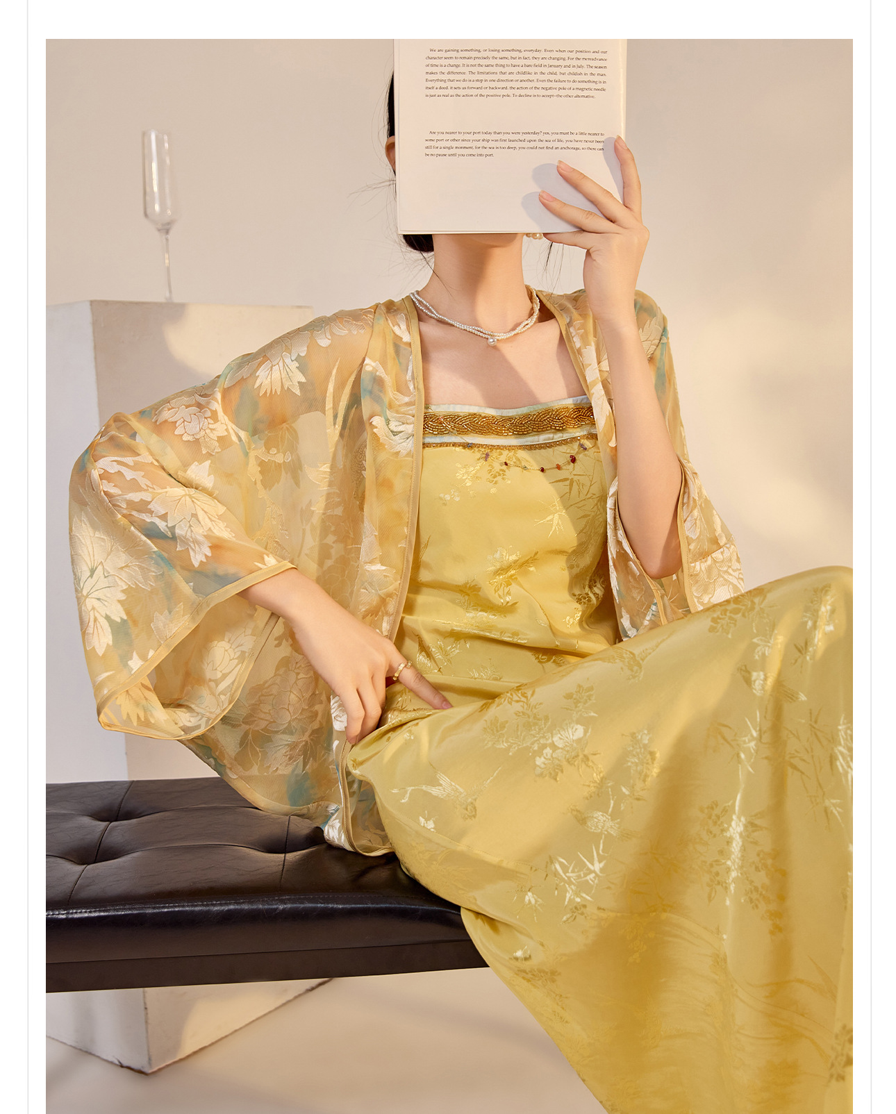 Bộ áo khoác cardigan thêu và váy hai dây phong cách retro mùa hè — Áo vàng chanh, Váy hai dây chi tiết 2