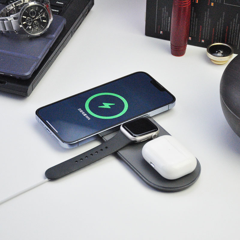 Cargador inalámbrico, cargador bilateral, adecuado para teléfonos móviles Apple Android, auriculares con función inalámbrica, reloj, universal tres en uno