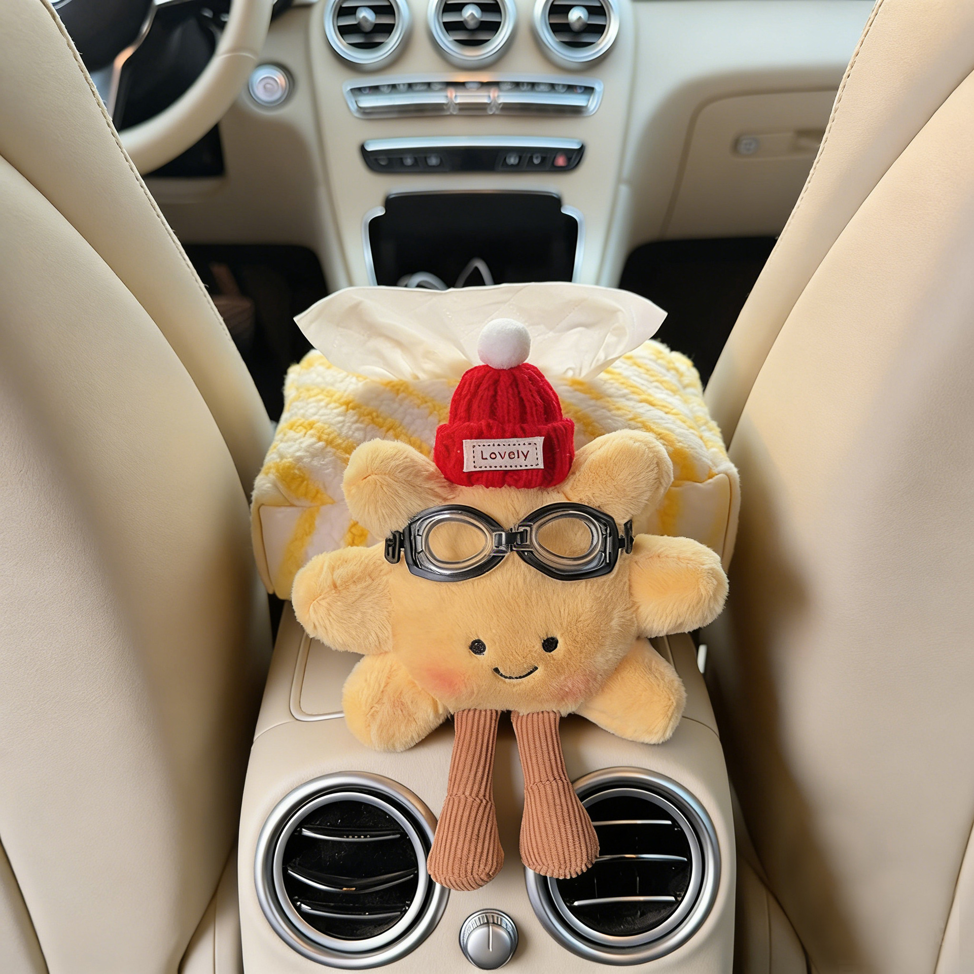 Plush Sunflower Car Tissue Holder Creative Car Tissue Box Car Armrest Tissue Pack In-Car Tissue Box