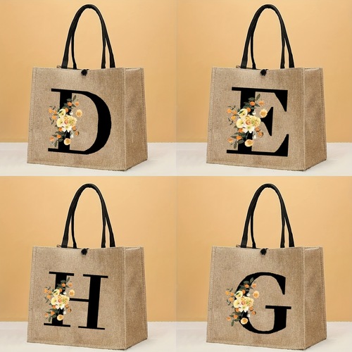 Large-capacity, trendy letter-printed tote bag—durable jute pouch, casual handbag perfect for students, commuters, and shopping trips.