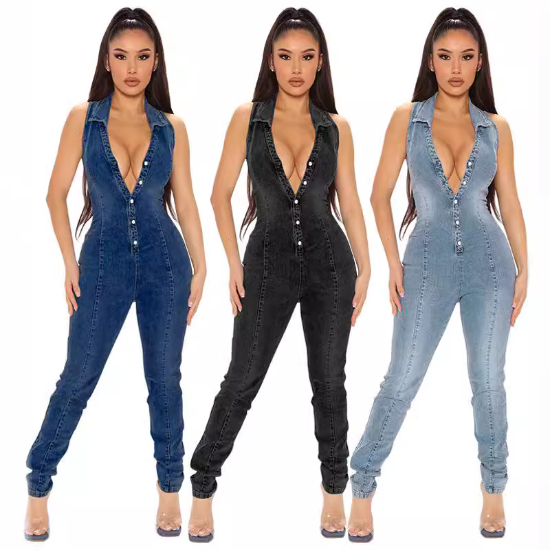 Sleeveless Denim Jumpsuit For Women, Front Button-Down Washed Stretch Romper, Street Style Casual One-Piece Outfit_ecoleips.com