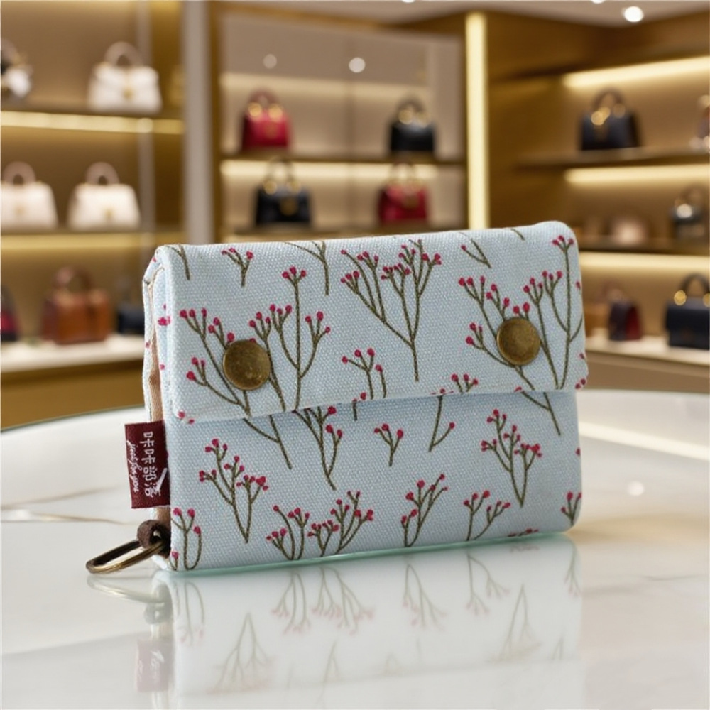 Cartera de lona de mezclilla triple con estampado de dibujos animados creativo, simple para hombres y mujeres, estuche para tarjetas de lona, estuche para llaves