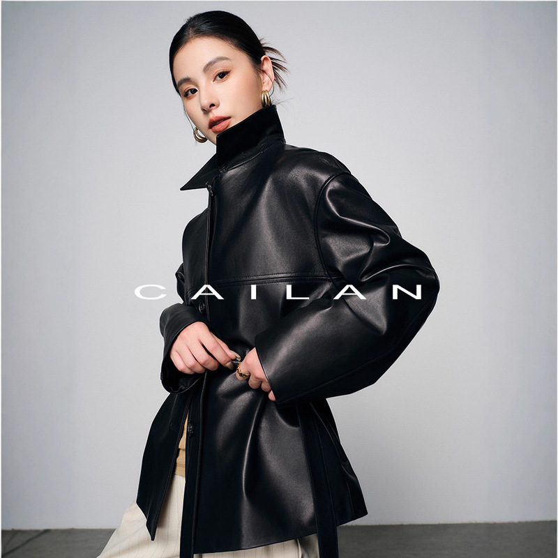 Caialn High Luxury Spanish Imported Genuine Leather First Layer Sheepskin Mid-Length Trench Coat Vegetable-Tanned Leather Jacket