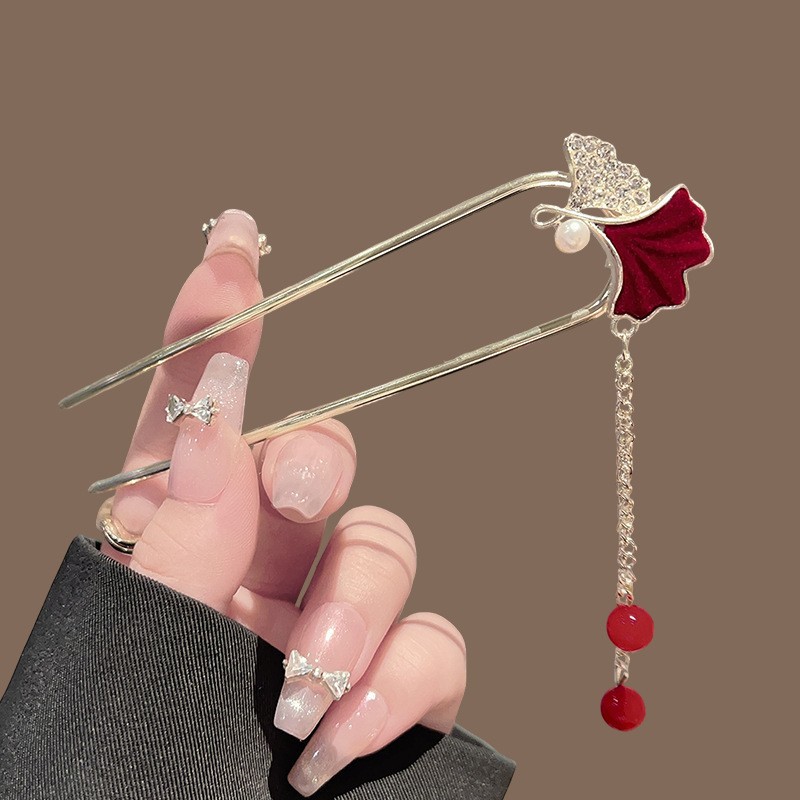 Golden U-shaped flocked ginkgo leaf tassel hairpin
