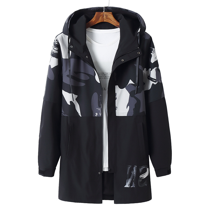 胖佬2025春秋季男装百搭运动夹克宽松连帽风衣加大加肥中长款