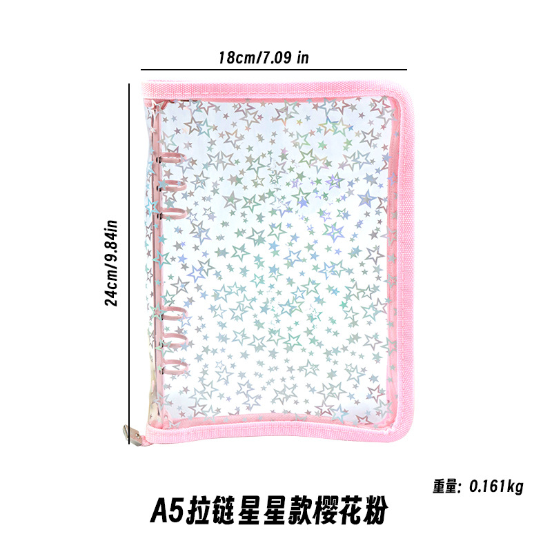 Corea del Sur De allí plana transparente brillo de la cremallera de 6 agujeros de hojas sueltas cuaderno ins estrella persiguiendo Diario A5A6