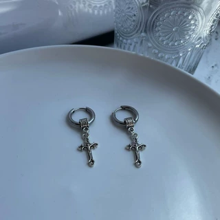 复古祈祷耳环冷淡风单只耳饰个性嘻哈街舞饰品潮男生十字架耳扣