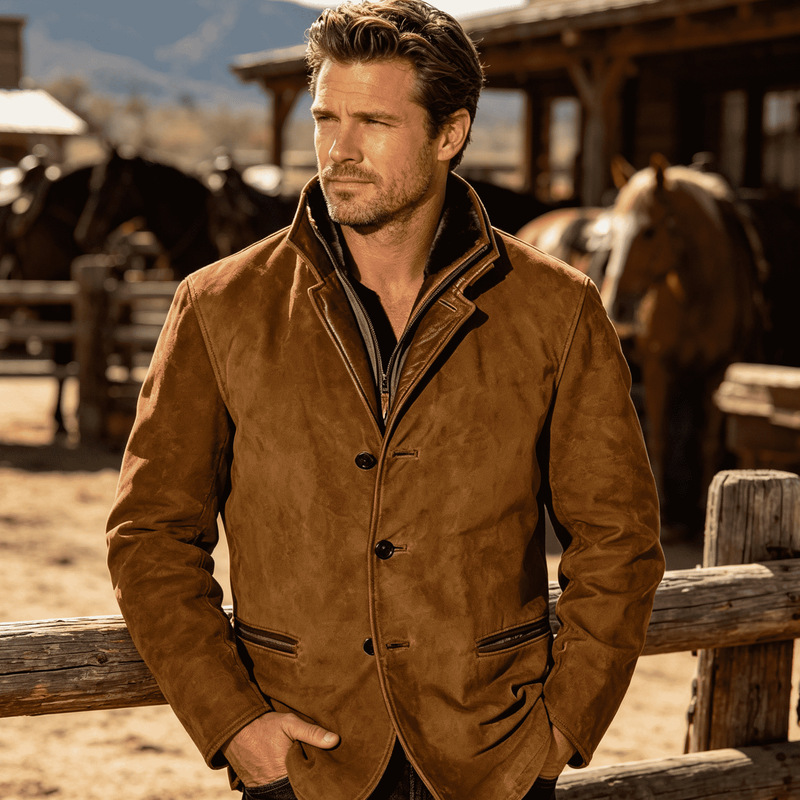 Cross-border suede blazer, men's autumn new collection, leather jacket in a sophisticated shade of brown, with a touch of coffee and blue