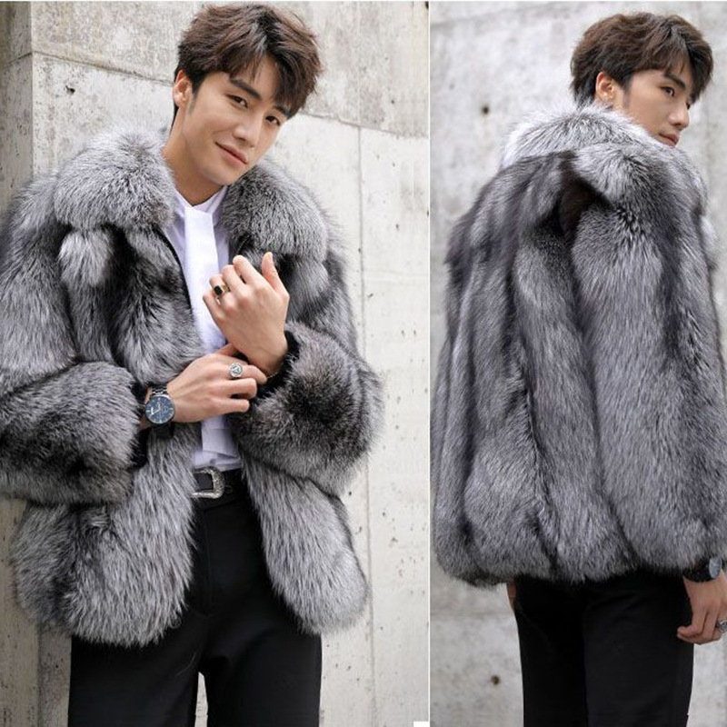 New autumn and winter fur men's coats, fashionable and casual silver fox fur coats, thickened warm lapels, loose large size_voghion.com