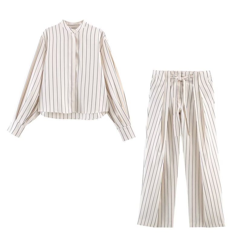 2026 Spring New European and American Cross-Border Women's Clothing Striped Puffy Sleeve Shirt + Pants Set W025 12248