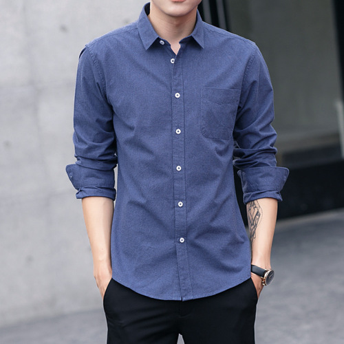 Autumn and Spring Men's Long-Sleeve Shirt Korean Style Straight Leg Solid Color Long-Sleeve Shirt Men's Casual Men's Clothing